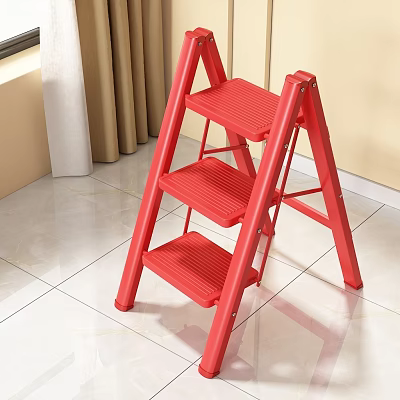 Sturdy Red Three Step Ladder Ideal For Indoor Home Use With Safe Non Slip Steps 3d model