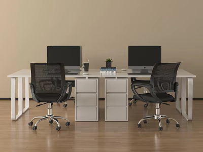 White Office Desk With Two Monitors Black Chairs White Drawer Cabinets Small Plant And Cup 3d model