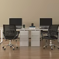 White Office Desk With Two Monitors Black Chairs White Drawer Cabinets Small Plant And Cup