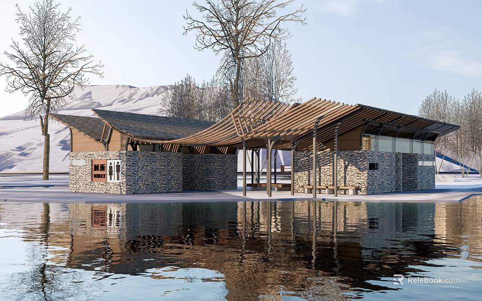 Modern Pavilion With Wooden Roof Stone Walls By Water Reflection Surrounded By Trees Mountain Backdrop 3d model 