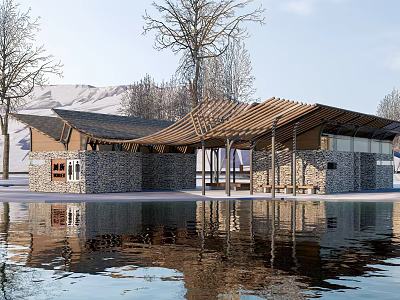 Modern Pavilion With Wooden Roof Stone Walls By Water Reflection Surrounded By Trees Mountain Backdrop 3d model