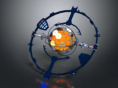 Cartoon Sci Fi Scene With Blue Ring Structure And Orange Hexagonal Sphere 3d model