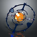Cartoon Sci Fi Scene With Blue Ring Structure And Orange Hexagonal Sphere
