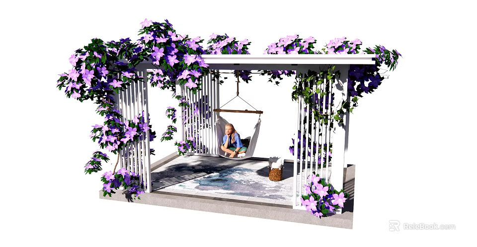 Pergola Decorated with Purple Flowers and Hammock Where Person Sits on Stone Floor 3d model 