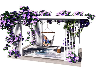 Pergola Decorated with Purple Flowers and Hammock Where Person Sits on Stone Floor 3d model