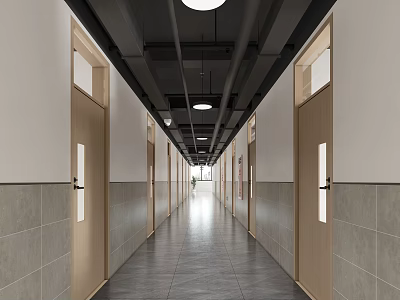 School Corridor Interior Design With Wooden Doors Wall Tiles Gray Floor And Ceiling Lights 3d model