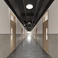 School Corridor Interior Design With Wooden Doors Wall Tiles Gray Floor And Ceiling Lights