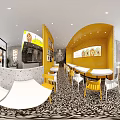 Beijing Style Restaurant Interior With Yellow Walls Order Counter And Patterned Tile Floor