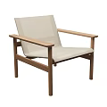 Modern Outdoor Chair With Wooden Frame Armrests And Light Colored Seat