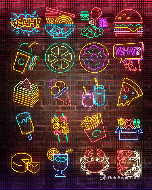 Neon Decorative Lights with Colorful Food Patterns on Brick Wall for Creative Interior Decoration 3d model 