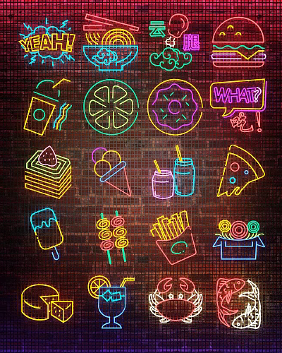 Neon Decorative Lights with Colorful Food Patterns on Brick Wall for Creative Interior Decoration 3d model
