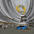 Modern Shopping Mall Interior With Glass Dome Spiral Decoration And Orange Sports Car
