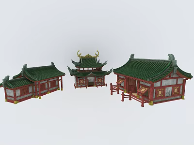 Cartoon Chinese Traditional Building Models with Green Roofs and Red Pillars 3d model