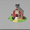 Chicken Perched On Red Barn Roof With Green Grass Path And Stones