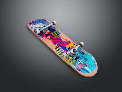 Decorative Vibrant Colorful Graffiti Wooden Skateboard With Metal Trucks And Wheels 3d model