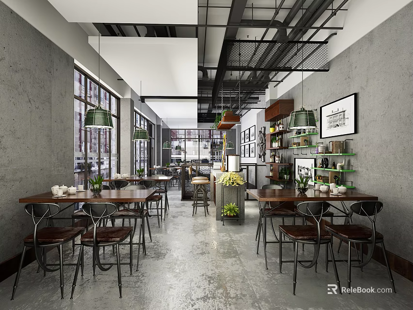Industrial Restaurant Interior With Wooden Dining Tables Metal Chairs Green Pendant Lights And Shelves 3d model 