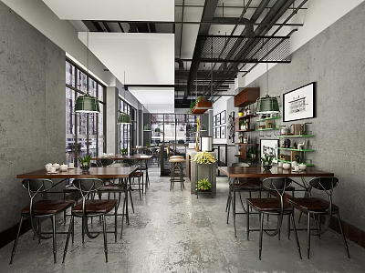 Industrial Restaurant Interior With Wooden Dining Tables Metal Chairs Green Pendant Lights And Shelves 3d model