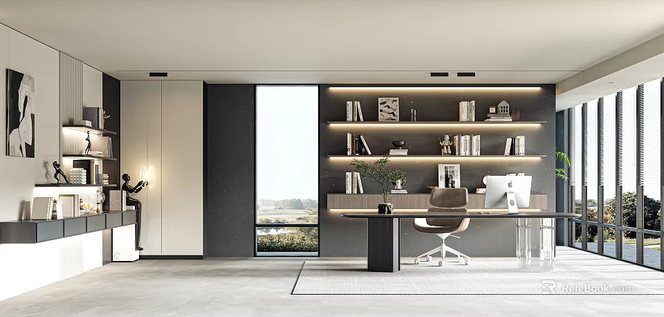 Modern Study Room Interior With Bookshelves Desk And Scenic View 3d model