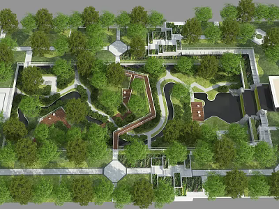 Scenic Urban Park Landscape With Lush Trees Curved Paths Green Lawns And Water Ponds 3d model