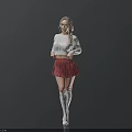Blonde Woman In White Sweater Red Pleated Skirt And Long White Socks On Black Background