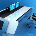 Modern Industrial Equipment Control Console With Dual Monitors Office Chair And Workstation Drawers