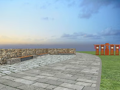 Scenic Landscape Seats by Stone Wall with Stone Pavement and Orange Gate Near Grass Lawn 3d model