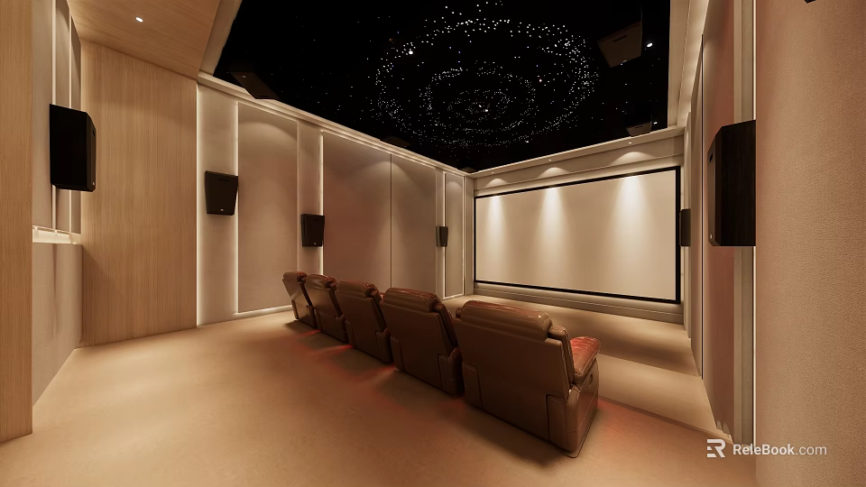 Modern Home Theater Room Interior With Starry Ceiling Leather Recliners And Projection Screen 3d model 