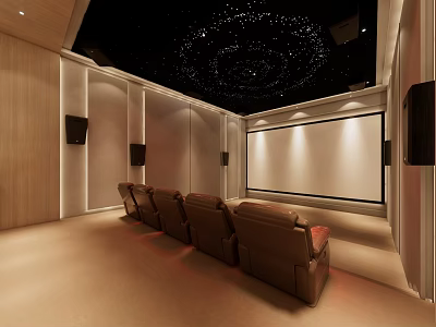 Modern Home Theater Room Interior With Starry Ceiling Leather Recliners And Projection Screen 3d model
