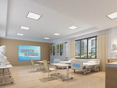 Hospital Outpatient Clinic Modern Care Setting With Beds Tables Chairs Windows Cabinets And Training Mannequins 3d model