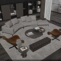Elegant Modern White Sofa And Round Coffee Table Set With Brown Armchairs Rug And Bookshelves