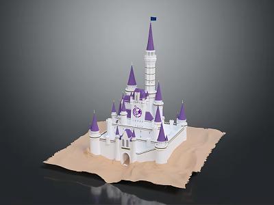 Decorative White Castle Model With Purple Spires Blue Flag On Sandy Base 3d model