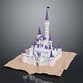 Decorative White Castle Model With Purple Spires Blue Flag On Sandy Base