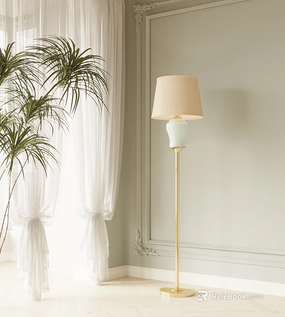 Modern Floor Lamp With Beige Lampshade And Gold Stand Near Palm Plant And White Curtains 3d model 