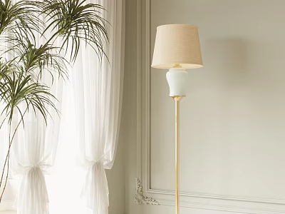 Modern Floor Lamp With Beige Lampshade And Gold Stand Near Palm Plant And White Curtains 3d model