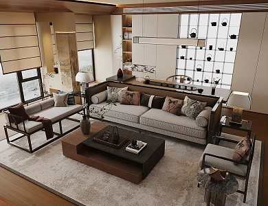 New Chinese Style Home Living Room Horizontal Hall Living Room Large Apartment Living Room Solid Wood Tea Cabinet 3d model