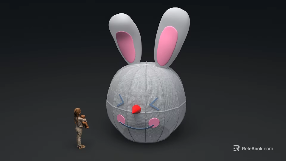 Giant Rabbit Plush Toy With Pink Ears Red Nose And Person Holding Child 3d model 