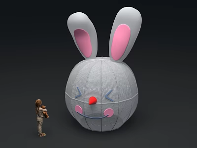Giant Rabbit Plush Toy With Pink Ears Red Nose And Person Holding Child 3d model