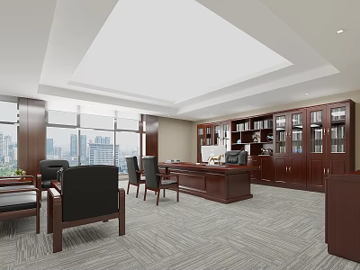 Spacious Modern Office With Wooden Furniture Large Window City View Bookshelves Glass Doors Carpeted Floor 3d model
