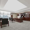 Spacious Modern Office With Wooden Furniture Large Window City View Bookshelves Glass Doors Carpeted Floor