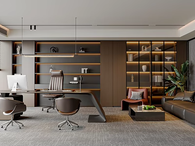 Modern Open Office Interior Design With Bookshelves Sofa Desk And Green Plants 3d model