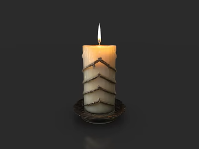 Lit Candle Lamp With Wavy Pattern On Dark Base And Glowing Flame 3d model