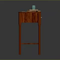 Red Wooden Side Table Featuring Blue Cup Book Papers Drawer And Lower Shelf