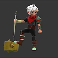 White Haired Fantasy Character With Red Scarf Holding Long Handled Weapon And Yellow Box