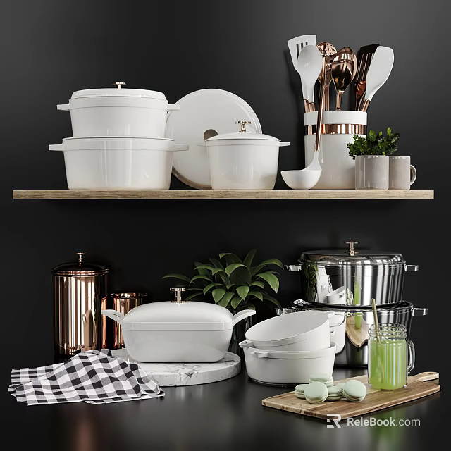 Modern White Kitchenware Display With Pots Bowls Copper Holders And Green Plants On Shelves 3d model 
