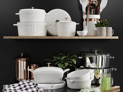 Modern White Kitchenware Display With Pots Bowls Copper Holders And Green Plants On Shelves 3d model