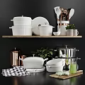 Modern White Kitchenware Display With Pots Bowls Copper Holders And Green Plants On Shelves