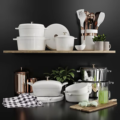 Modern White Kitchenware Display With Pots Bowls Copper Holders And Green Plants On Shelves 3d model
