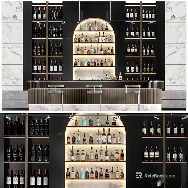 Stylish Wine Bar Interior Featuring Illuminated Liquor Shelves And Marble Counter 3d model 
