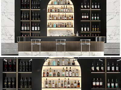 Stylish Wine Bar Interior Featuring Illuminated Liquor Shelves And Marble Counter 3d model