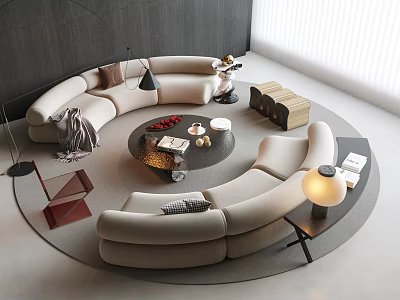 Modern Curved Beige Sofa And Round Coffee Table With Books Fruit Platter And Floor Lamp 3d model